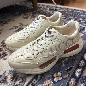 Gucci Men's Rhyton Ivory Leather Sneakers with Gucci Vintage Logo Size US 9
